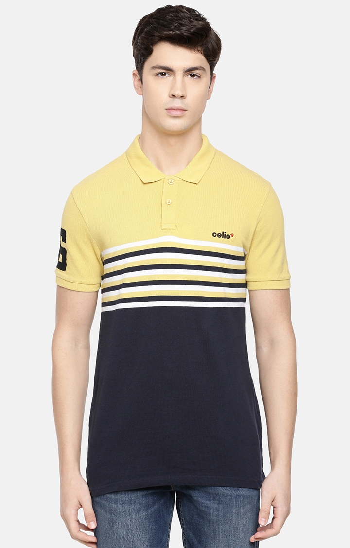celio | Yellow And Navy Striped Polo T-Shirt