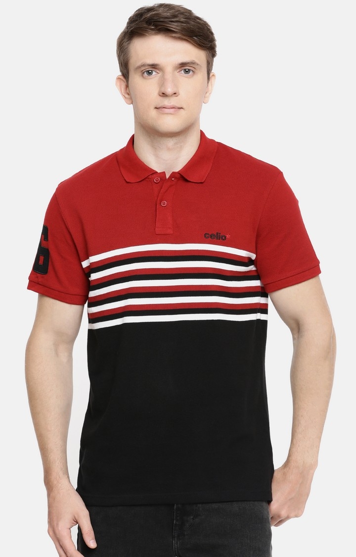 celio | Red And Black Striped Polo T-Shirt