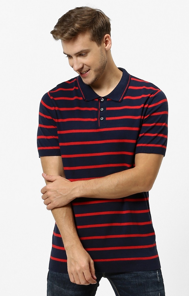 celio | Navy Striped Straight Fit Polo T-Shirt