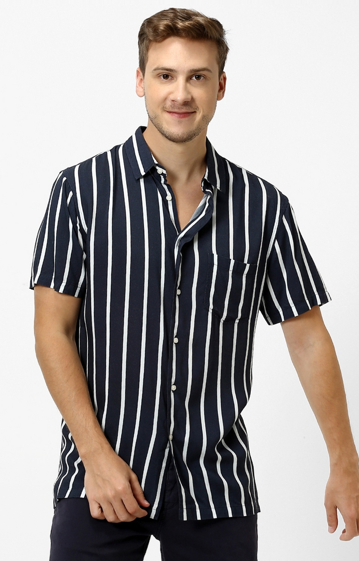 Navy Blue Striped Casual Shirt