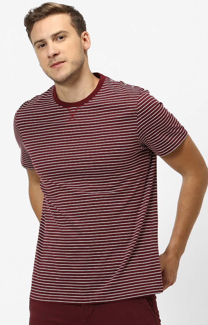 celio | Maroon Striped Regular Fit T-Shirt