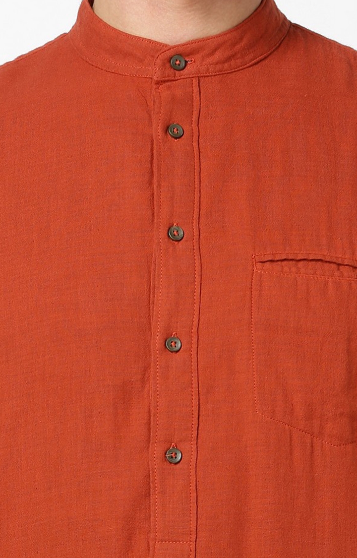 Men's Orange Cotton Solid Casual Shirt