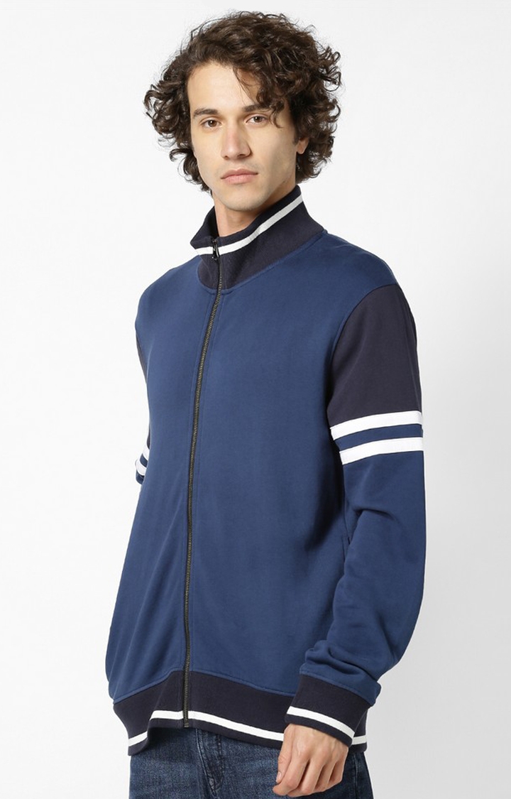 Men's Navy Blue Cotton Colourblock Varsity Jackets
