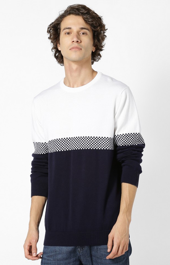Men's Blue and White Cotton Colourblock Sweaters