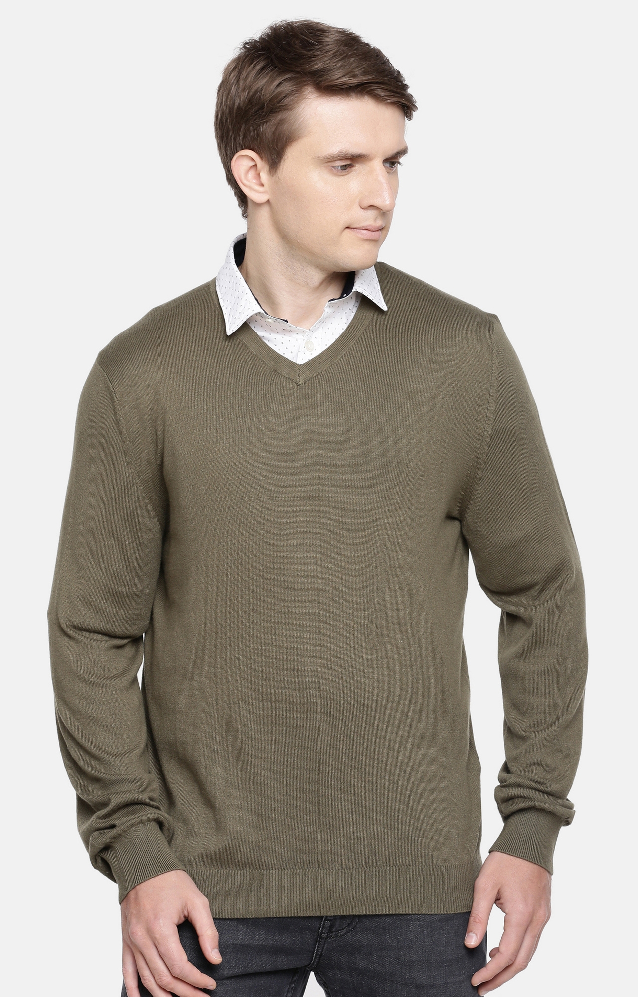 celio | Solid V-Neck Brown Sweaters