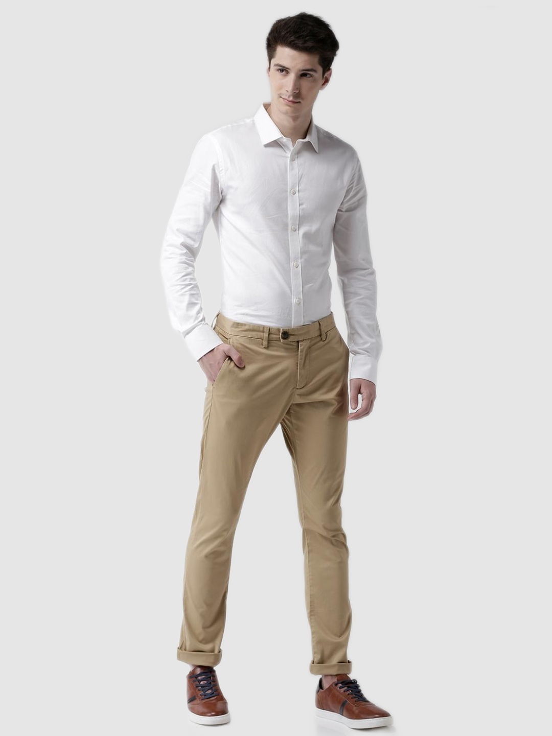 Slim Fit Cotton Blend Beige Trouser