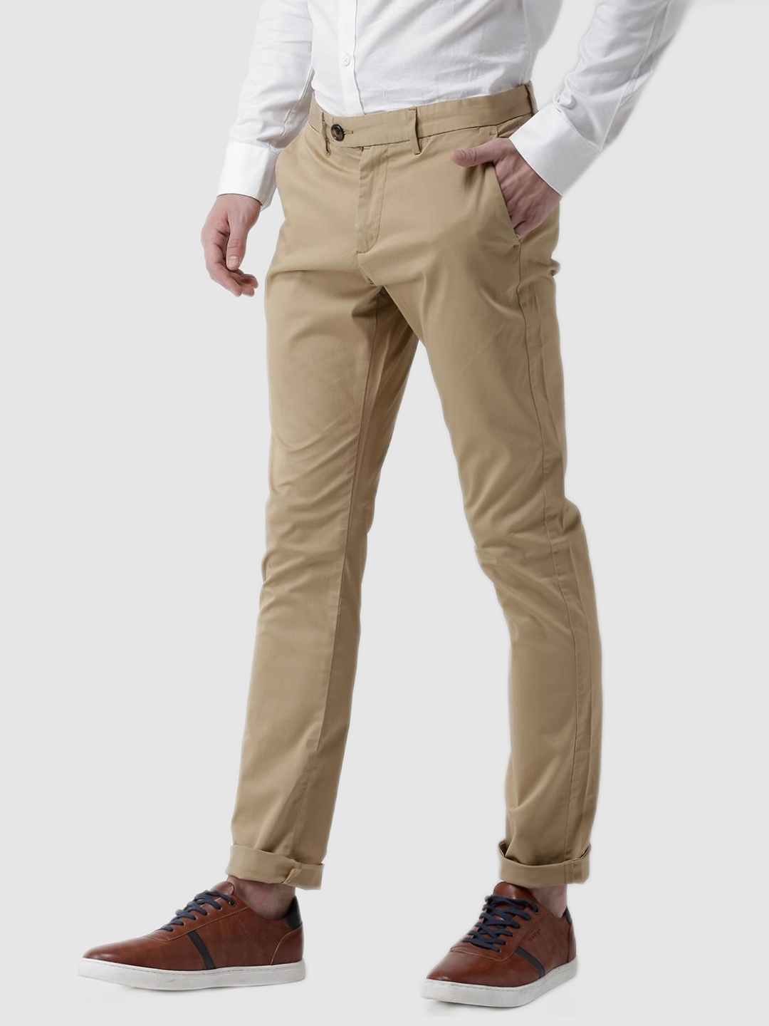 Slim Fit Cotton Blend Beige Trouser
