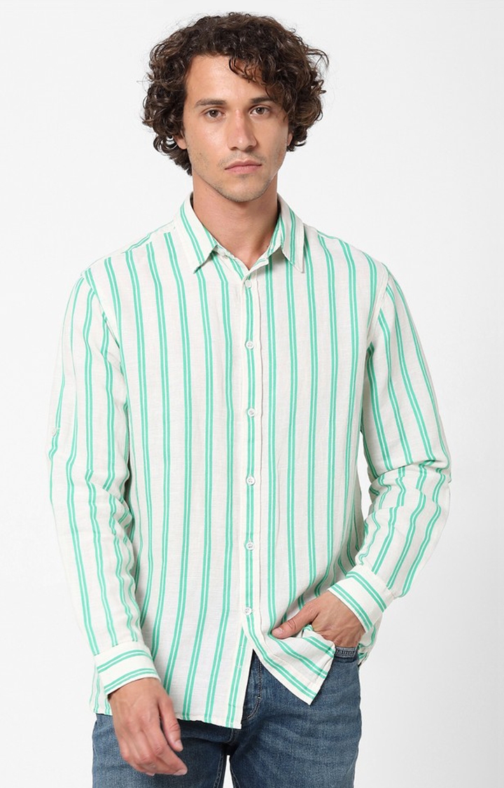 Green And White Linen Striped Casual Shirt