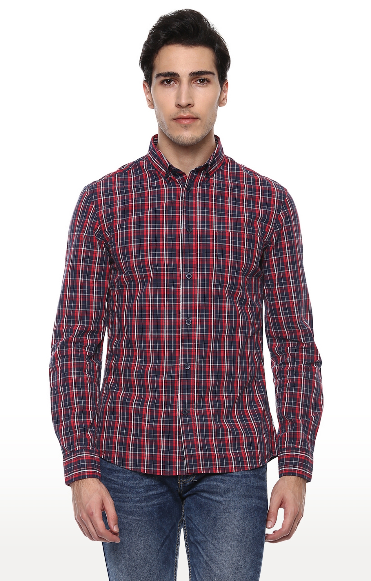 Red Slim Fit Checked Casual Shirts