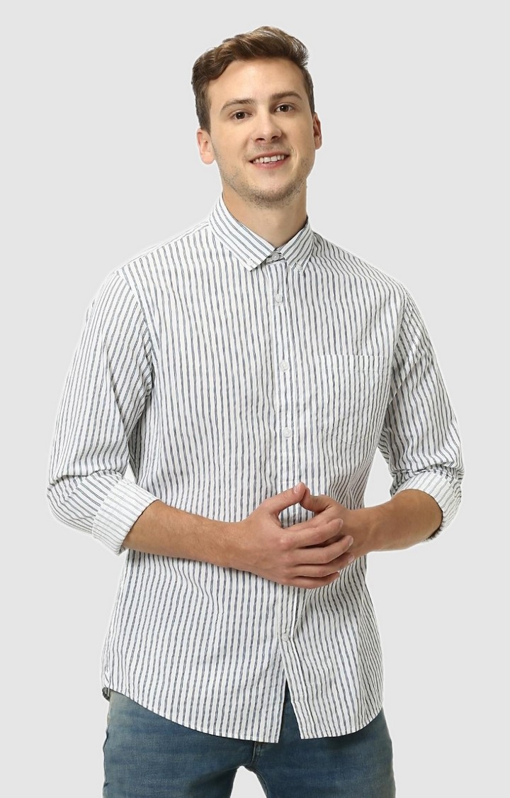 celio | Men's White Cotton Striped Casual Shirt