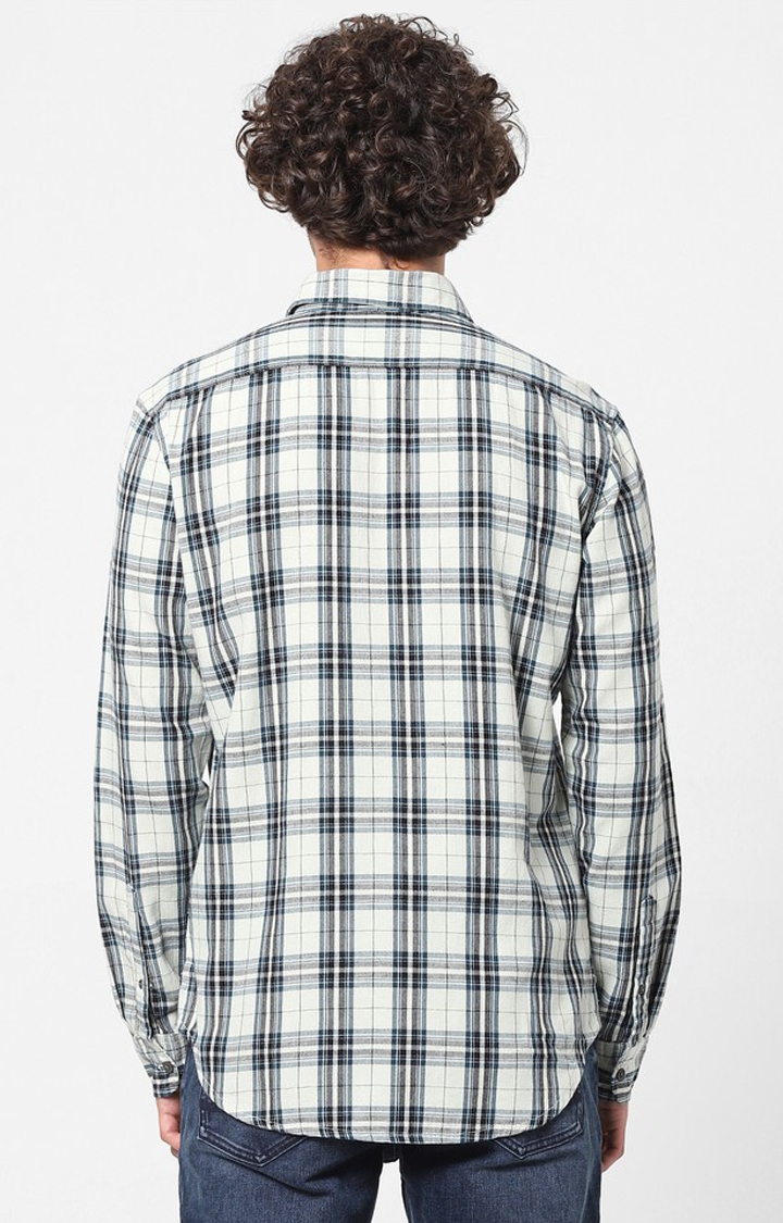 Men's Off White Cotton Checked Casual Shirt