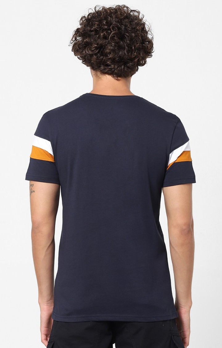 Round Neck Cotton Blend Navy T-Shirt