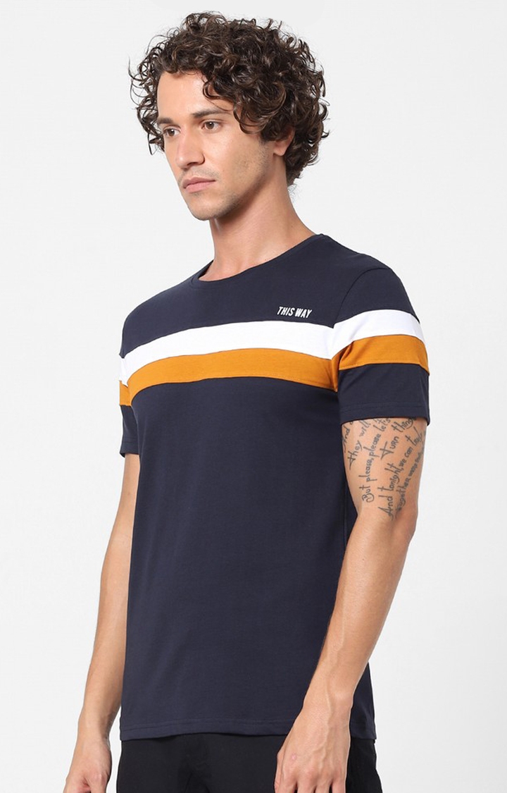 Round Neck Cotton Blend Navy T-Shirt