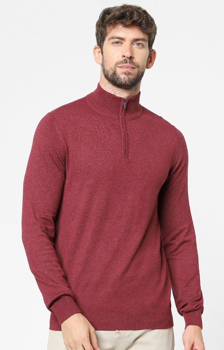 Men's Red Viscose Solid Sweaters