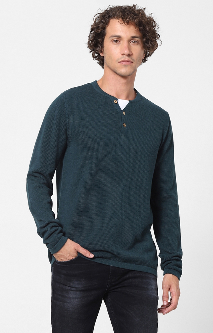 celio | Green Solid V-Neck Sweater