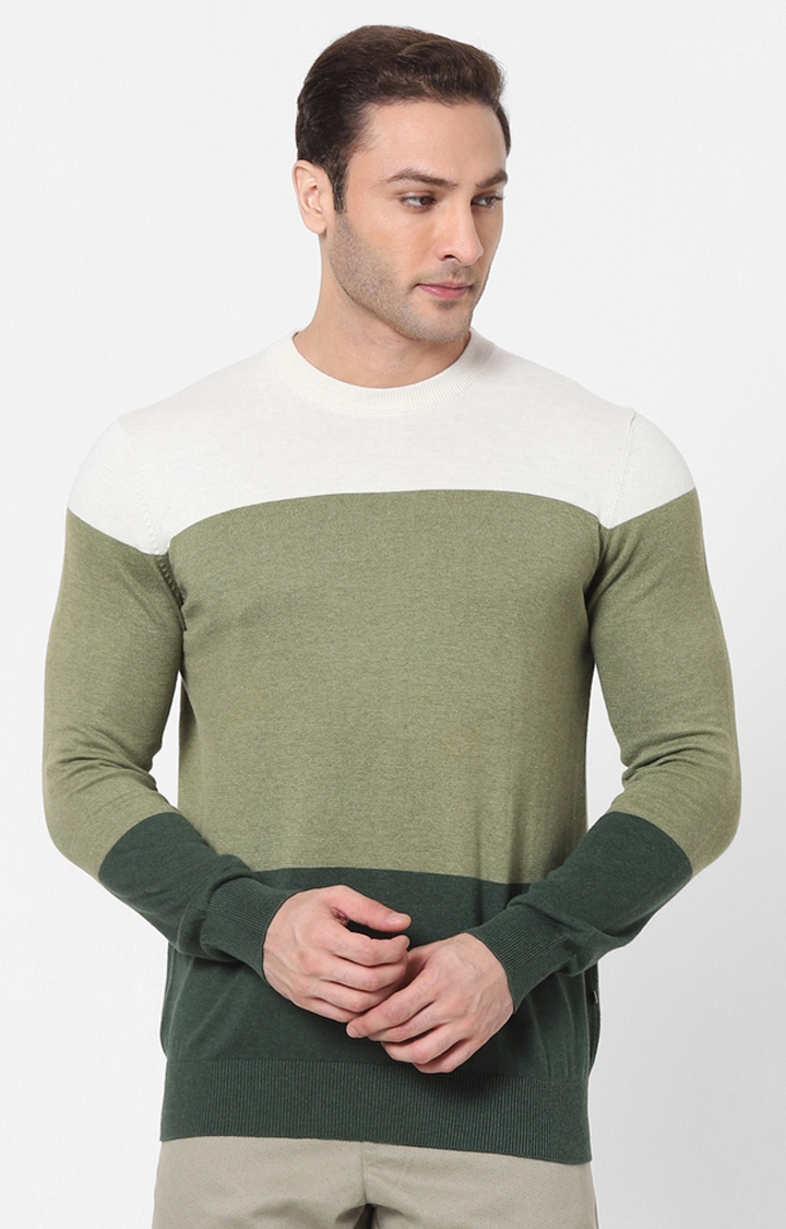 Men's Olive Green Cotton Colourblock Sweaters