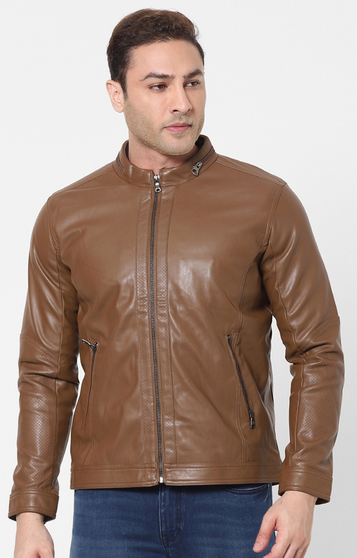 Celio Brown Solid Leather Jackets