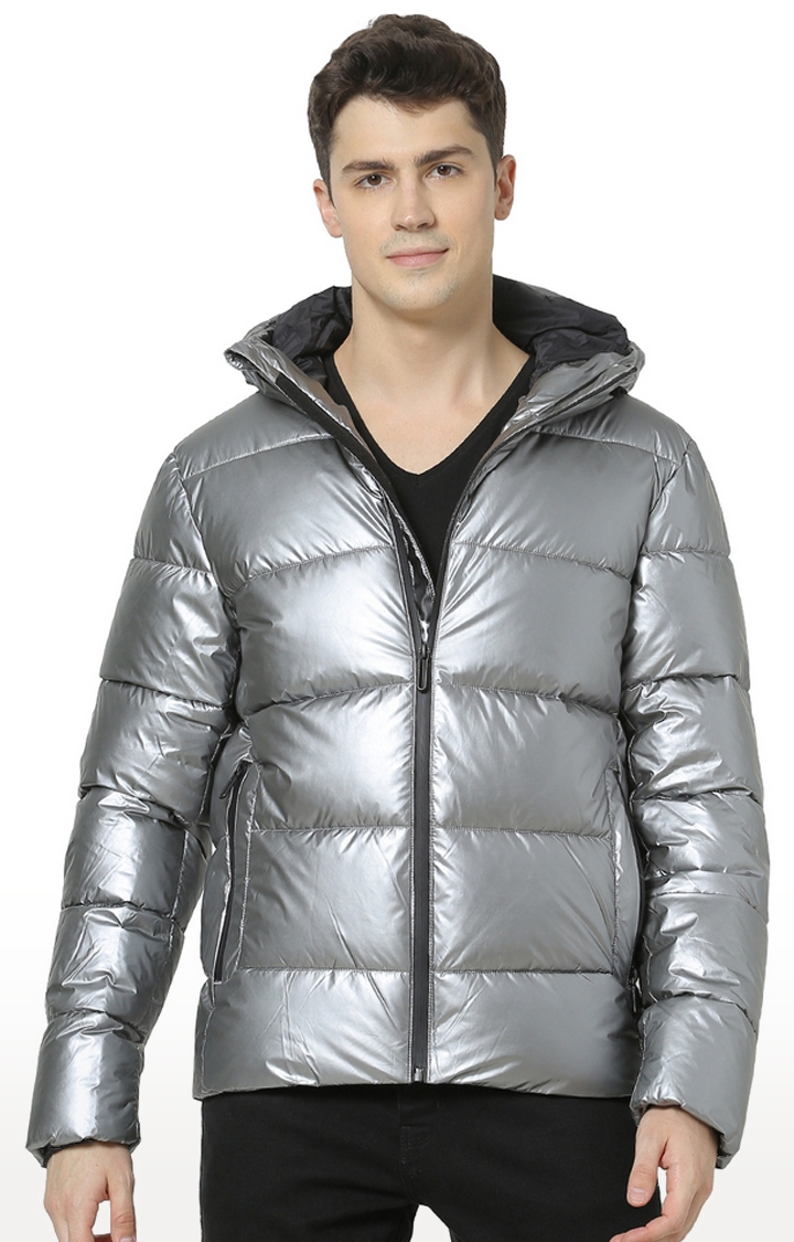 Celio Silver Solid Bomber Jackets