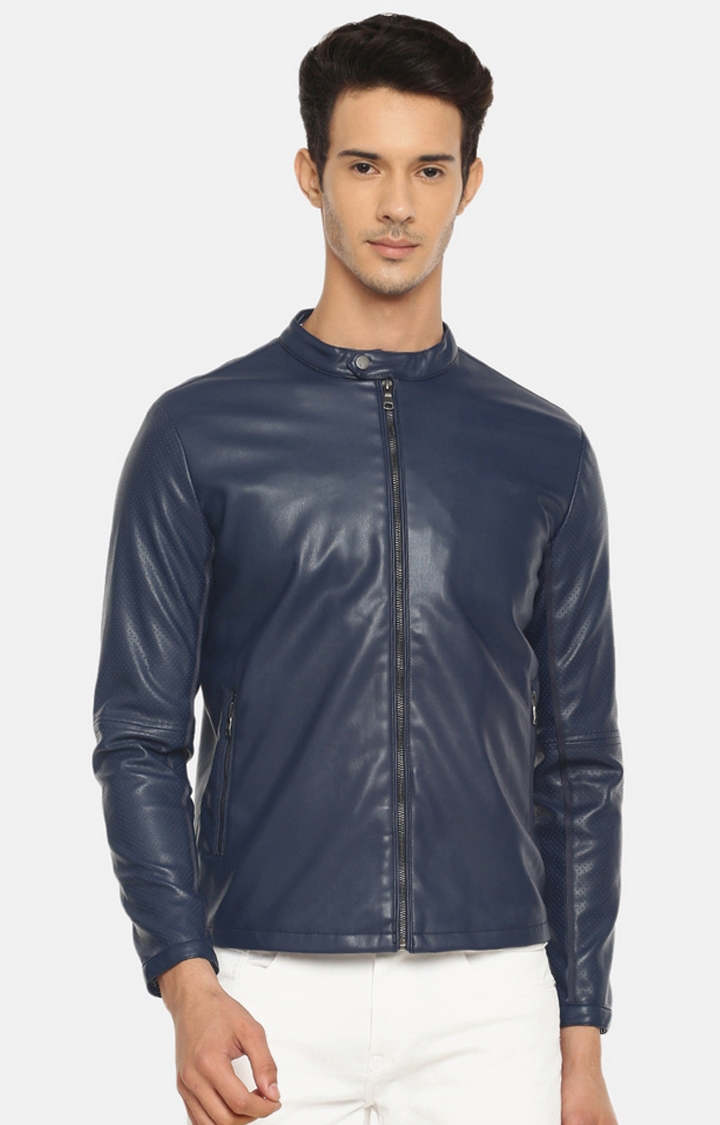 Navy Blue Solid Leather Jacket