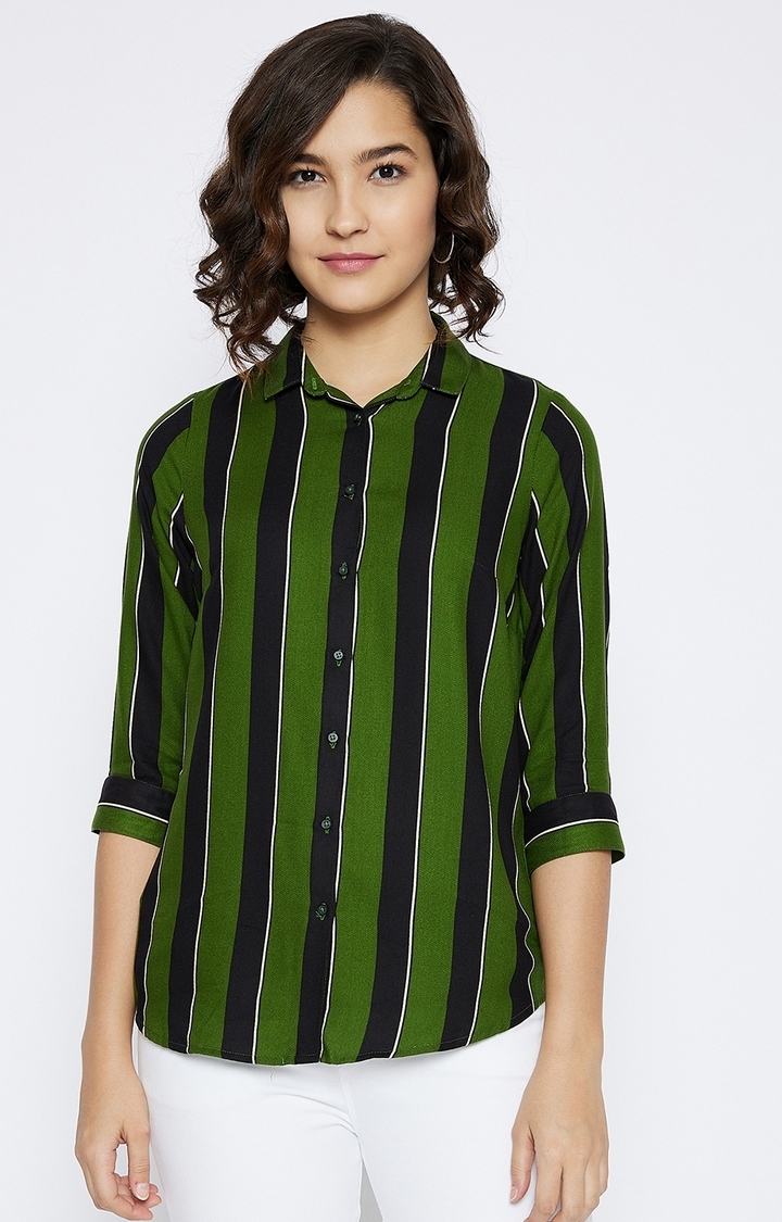 Crimsoune Club | Green Striped Casual Shirt