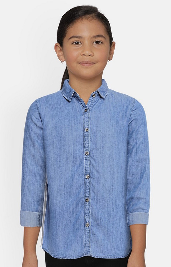 Girls Blue Solid Casual Shirts