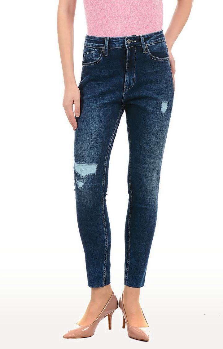 Women's Blue Cotton Blend Ripped Jeans