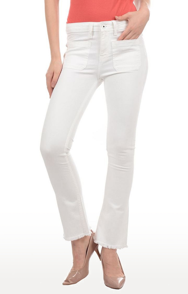 Women's White Cotton Blend Slim Jeans