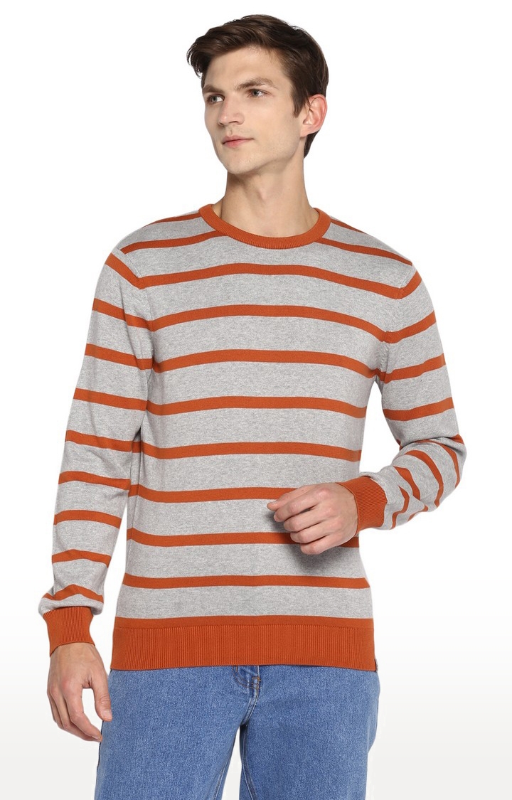 Men's Grey and Orange Cotton Striped Sweaters