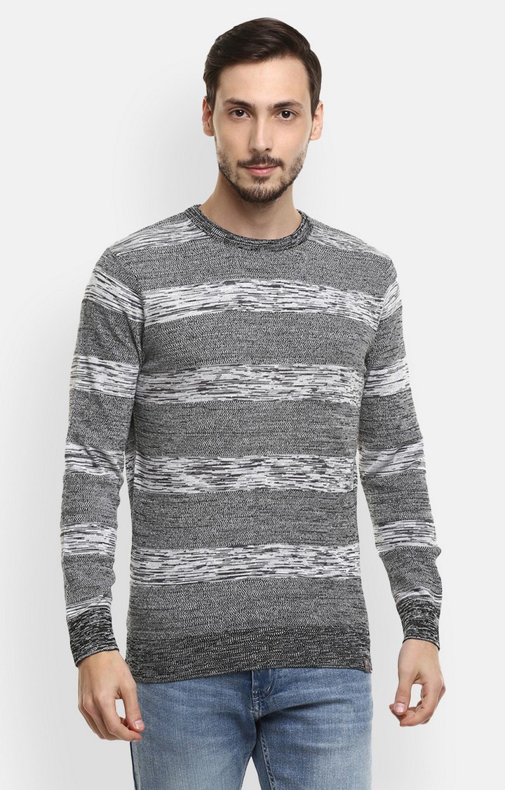 Men's Grey Cotton Blend Striped Sweaters