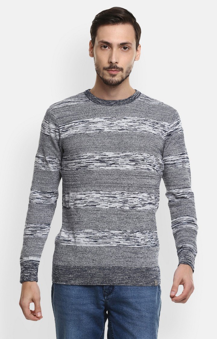 Men's Blue Striped Cotton Blend Sweaters
