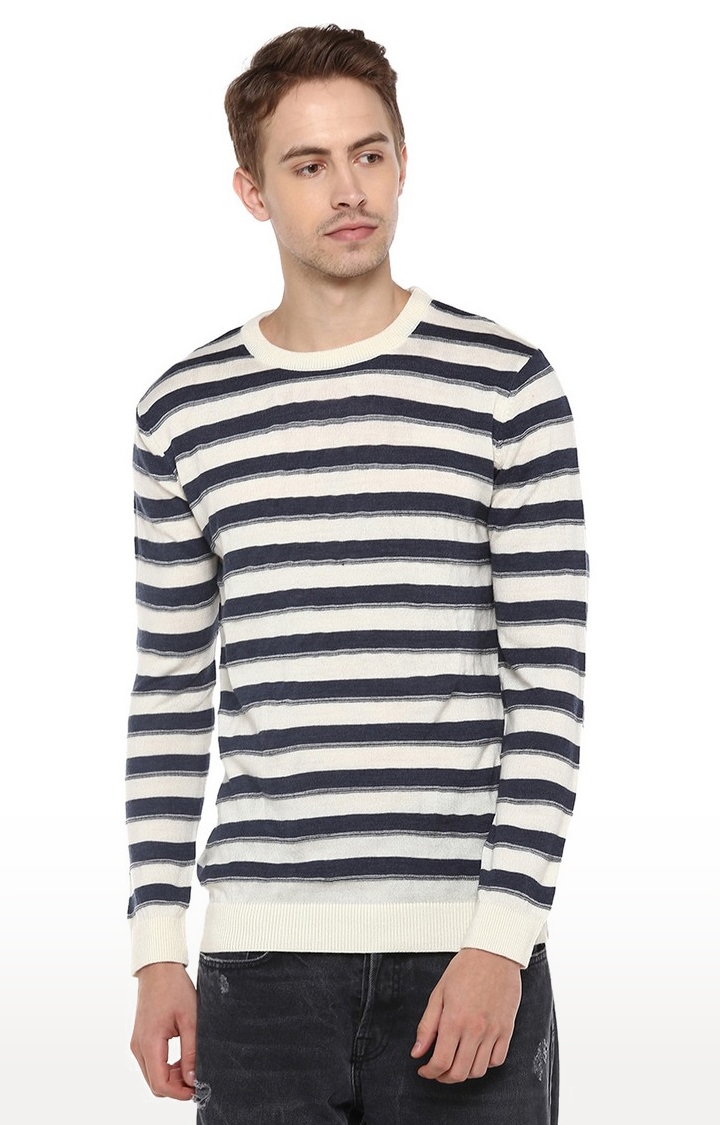 RED CHIEF | Men's White and Grey Striped Cotton Blend Sweaters