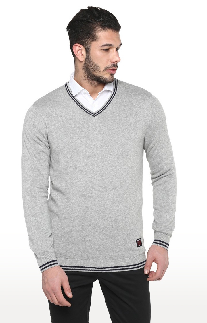 Men's Grey Solid Cotton Blend Sweaters