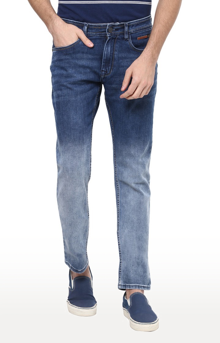 Men's Blue Cotton Blend Cropped Jeans