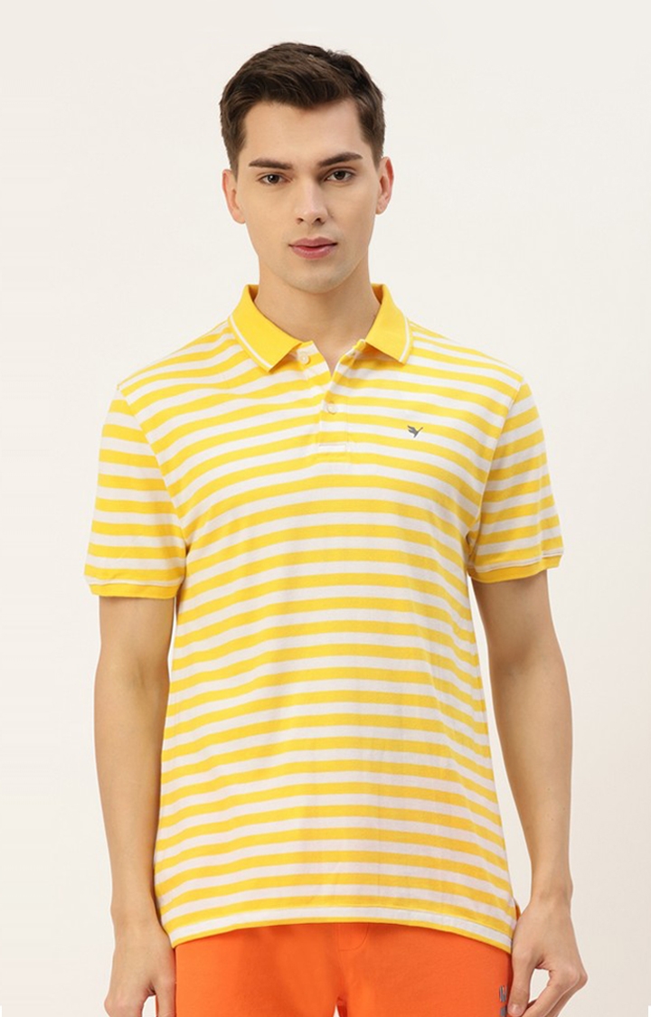 Men's Yellow Cotton Blend Striped T-Shirt