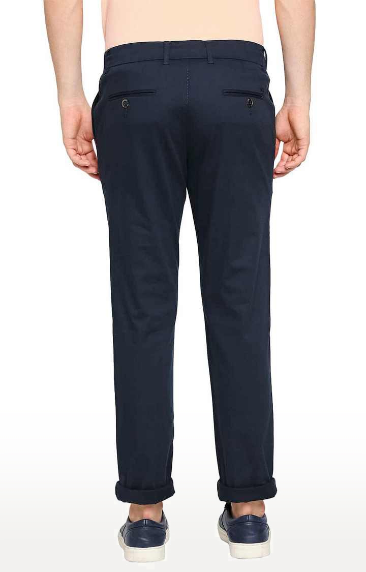 Men's Navy Cotton Blend Solid Chinos