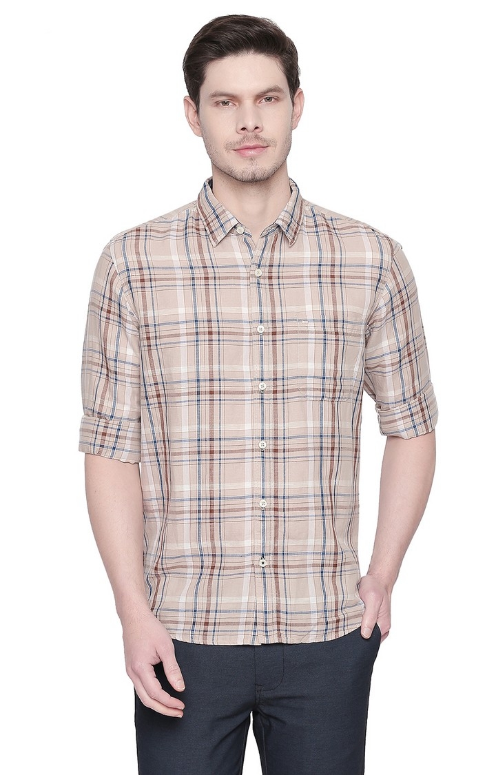 Basics | Beige Checked Casual Shirts