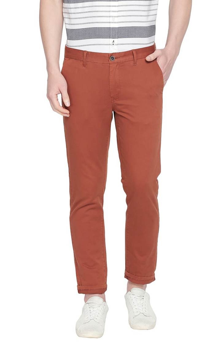 Men's Maroon Cotton Blend Solid Chinos