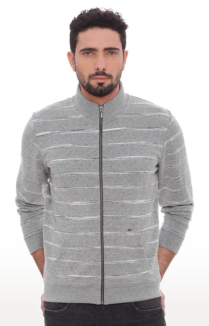 Men's Grey Cotton Blend Striped Western Jackets