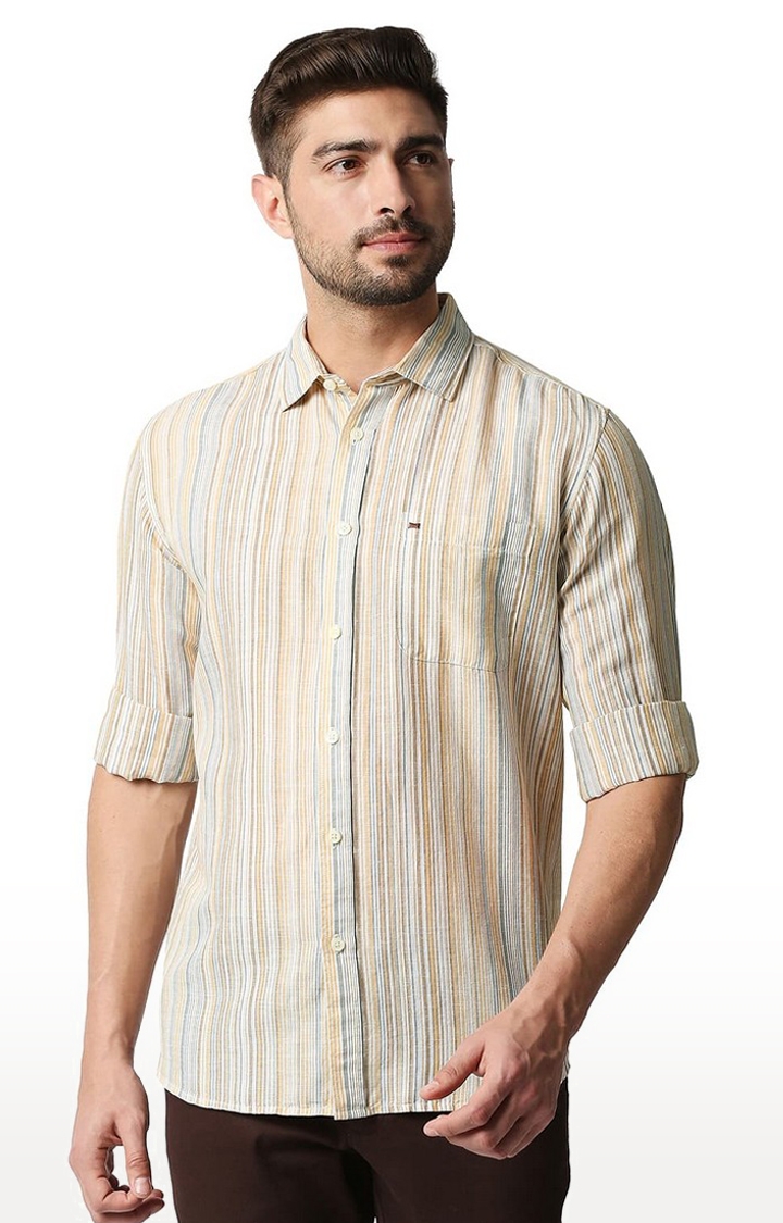 Men's Beige Cotton Blend Striped Casual Shirts