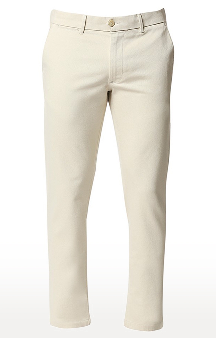Men's Ecru Cotton Blend Solid Trouser