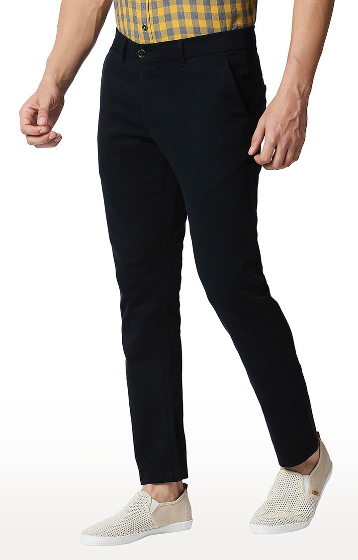 BASICS CASUAL SELF NAVY COTTON STRETCH TAPERED TROUSERS