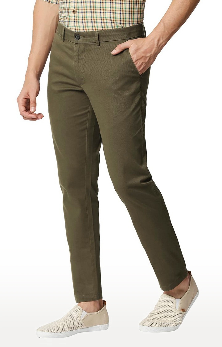 BASICS CASUAL SELF OLIVE COTTON STRETCH TAPERED TROUSERS