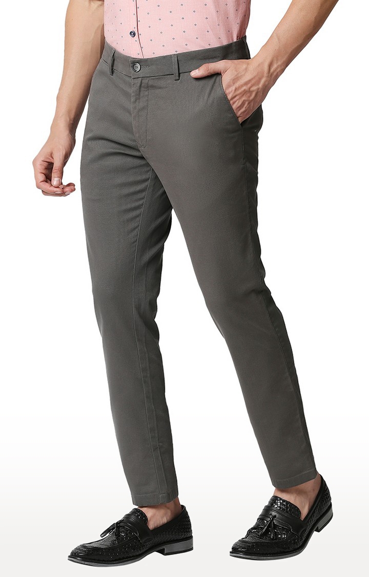 BASICS CASUAL SELF DARK GREY COTTON STRETCH TAPERED TROUSERS