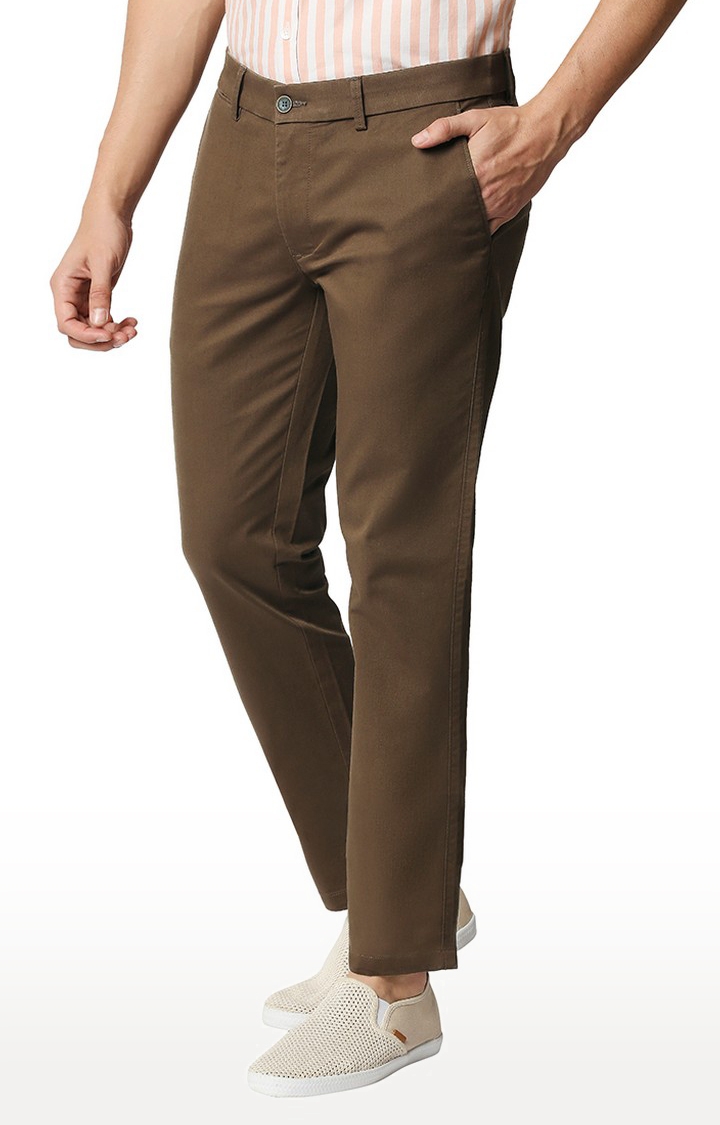 Men's Mid Brown Cotton Blend Solid Trouser