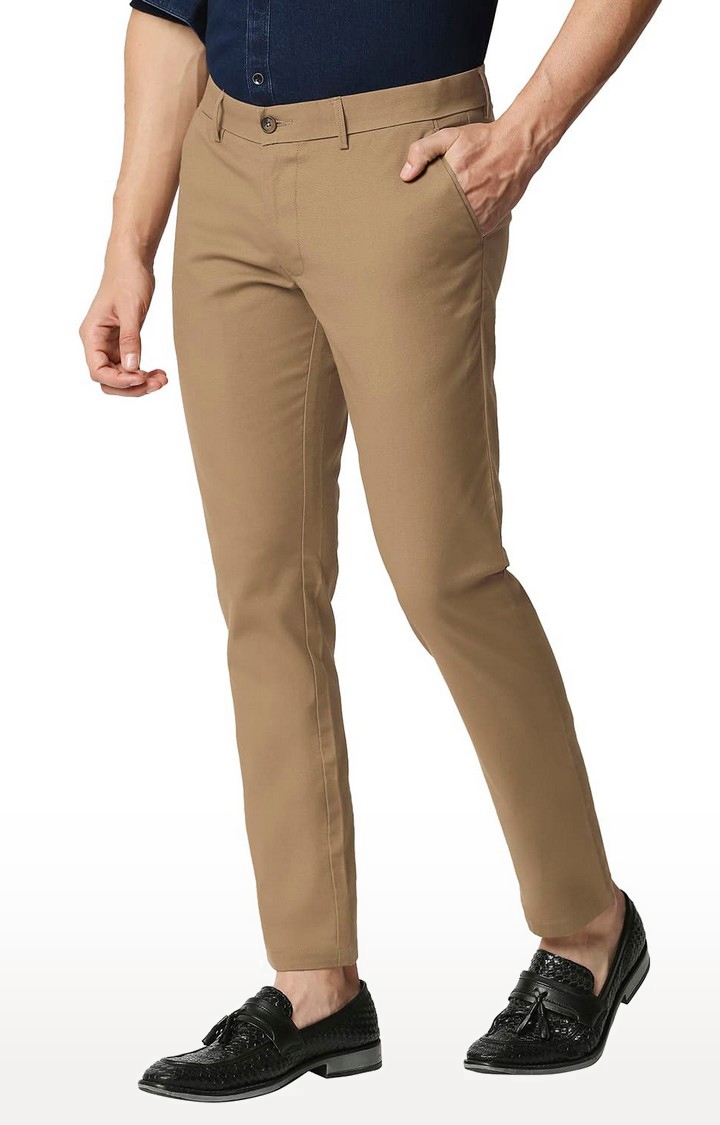BASICS CASUAL SELF MID BROWN COTTON POLYESTER STRETCH TAPERED TROUSERS