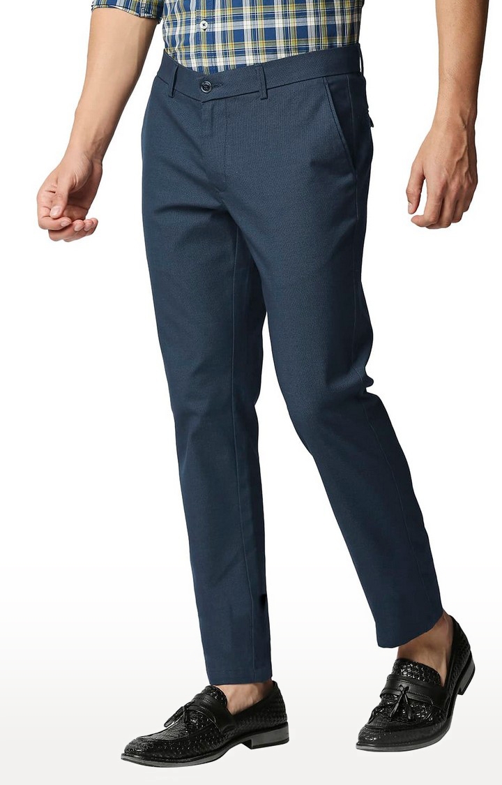 BASICS CASUAL SELF NAVY COTTON POLYESTER STRETCH TAPERED TROUSERS