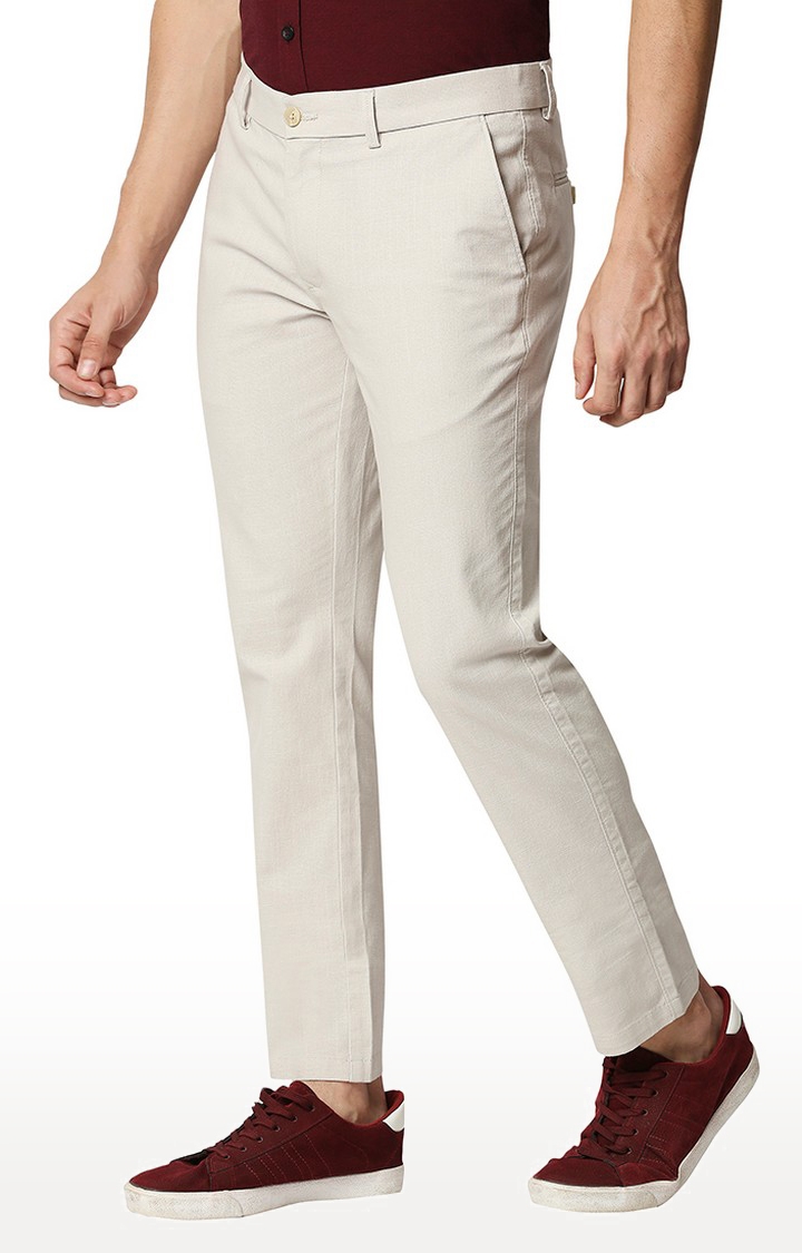 BASICS CASUAL PLAIN STONE COTTON STRETCH TAPERED TROUSERS