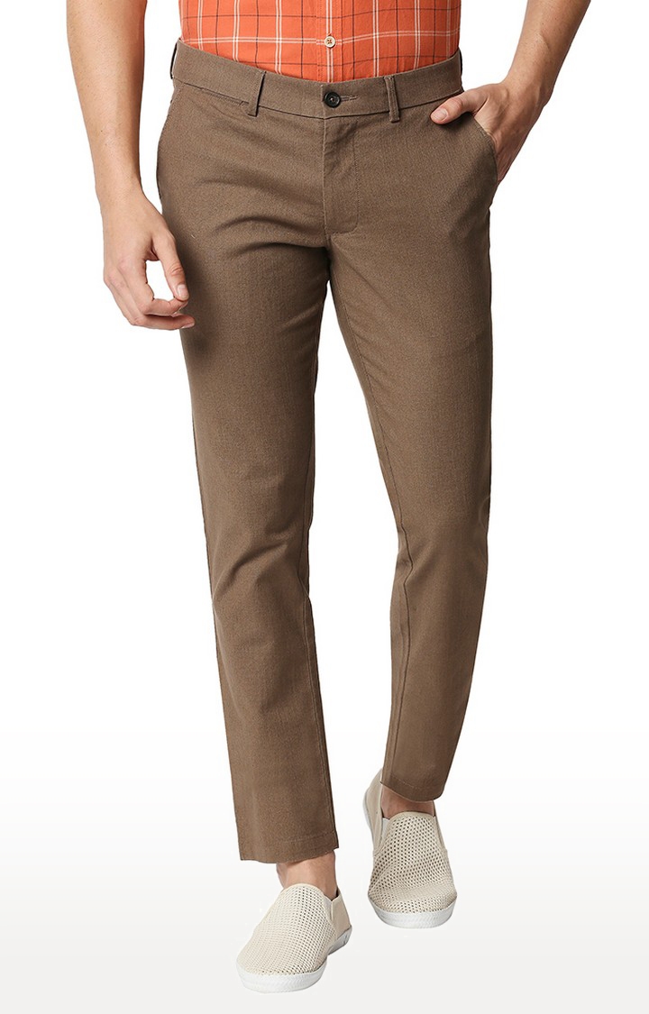 Men's Brown Cotton Blend Solid Trouser