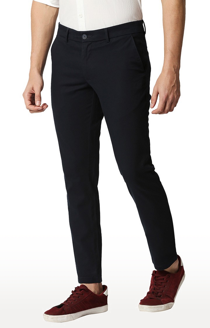 BASICS CASUAL SELF NAVY COTTON STRETCH TAPERED TROUSERS