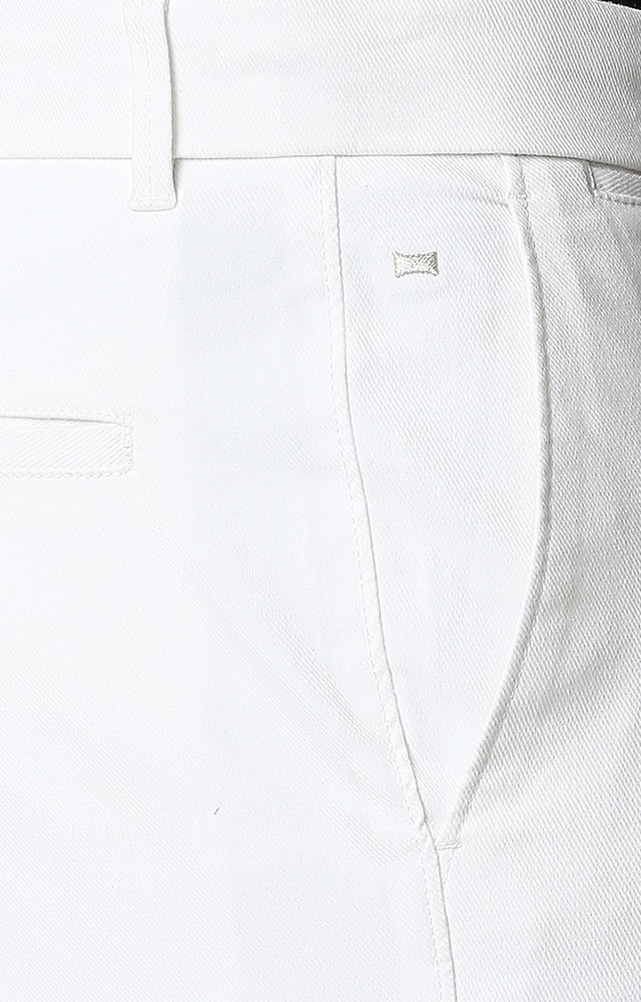 BASICS CASUAL PLAIN WHITE COTTON STRETCH TAPERED TROUSERS
